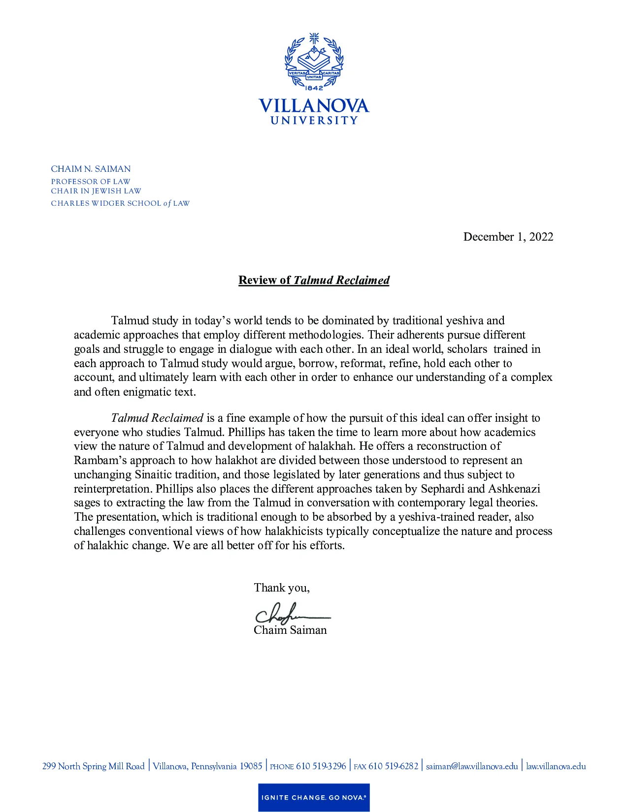 Chaim Saiman endorsement letter